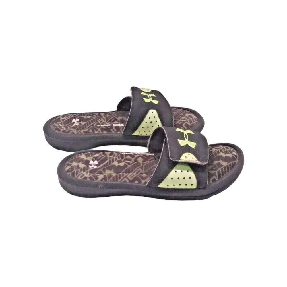 Under Armour Kids Ignite 4D Foam Adjustable Slides Black Lime Green‎ Sandals